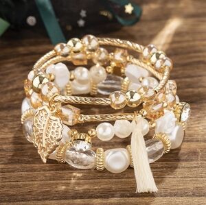 4Pcs Set Bohemian Rose Leaves Crystal Pearl Tassel Beaded Stretch Bracelet
